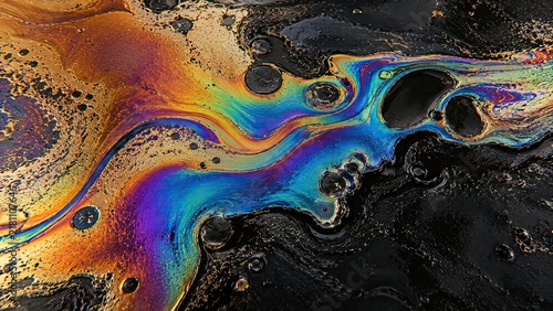 Oil slick on wet dark surface, curved iridescent film edge and spectral swirl around black water. Premium optical texture background in blue violet orange and gold. Experimental pattern for editorial 