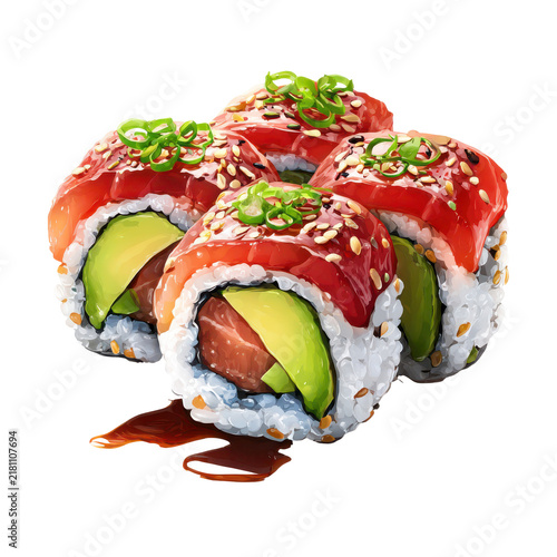 Tuna avocado sushi rolls with sesame seeds and soy sauce drizzle during a studio shoot