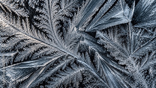 Frost window crystal macro, overlapping dendritic branch and angular ice blade filling dark glass surface. Detailed winter texture background in silver blue and charcoal tone. Crystalline pattern reso