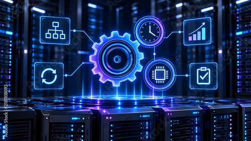 Obraz w ramie IT Infrastructure Automation Gear Optimizing Server Processing Workflows and System Analytics