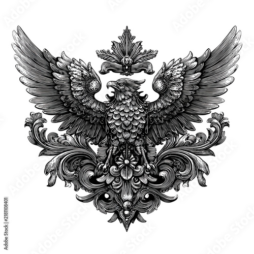 Ornate Eagle Emblem with Elaborate Scrollwork in Detailed Line Art Style