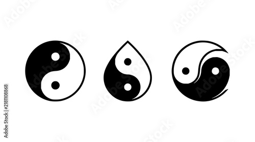 Yin Yang symbols set with three variations featuring circular, teardrop, and curved shapes with black and white and symmetry