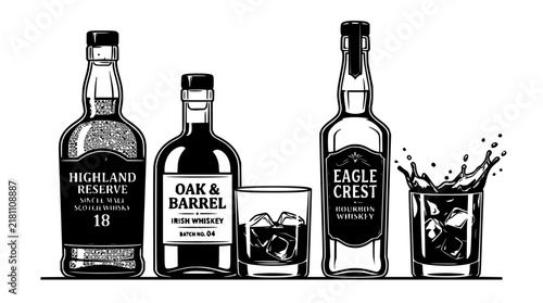 Whiskey set with three bottles and two glasses featuring bourbon, scotch, and rye with ice cubes and amber liquid