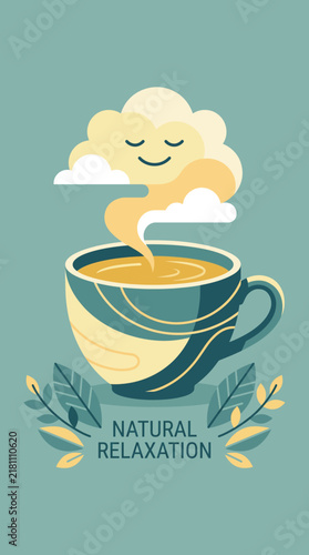 Comforting Steaming Cup of Herbal Tea with a Happy Cloud Illustration Representing Calm Moments of Natural Relaxation and Mindfulness