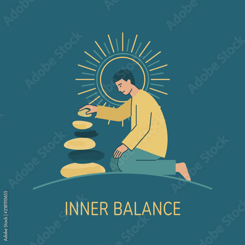 A Serene Illustration of a Man Finding Inner Peace Through Mindful Stone Stacking and Zen Meditation Practice