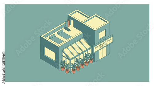 Isometric Holistic Wellness Center Building Illustration Featuring Greenhouse and Rooftop Terrace Area