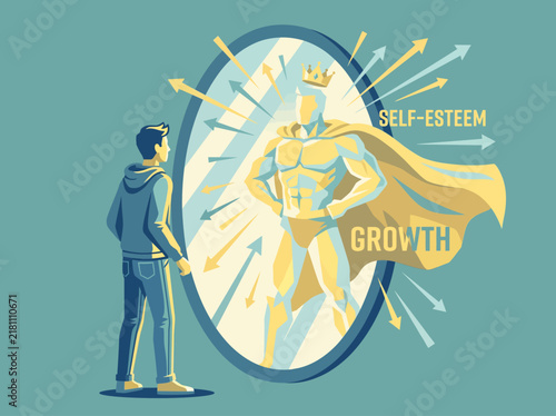 Young Man Looking into a Mirror Seeing a Superhero Reflection Representing Personal Growth and Boosted Self-Esteem Development