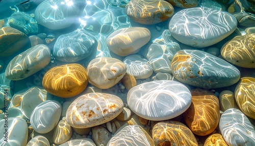 Smooth river stones submerged in clear shallow water with sunlight caustic reflections