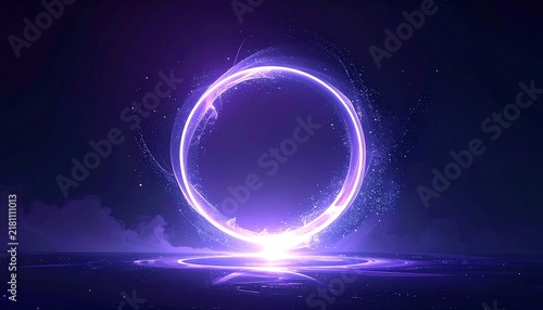 Glowing purple light ring with swirling particles and energy flare on a dark surface