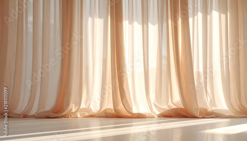 Sheer beige curtains hanging in a bright room with soft natural sunlight streaming through