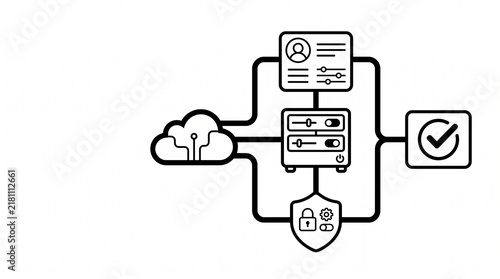 Cloud Configuration Management Workflow Line Illustration. Enterprise System Configuration Control and Cloud Settings Management Process Outline Vector Isolated on White Background