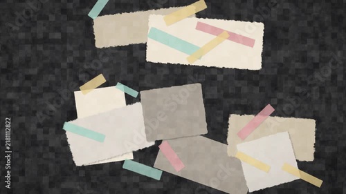 Stop motion animation of torn paper notes with pastel washi tape drifting on a dark textured background