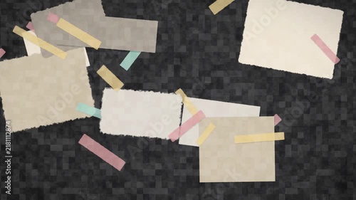 Stop motion animation of vintage paper collage and colorful washi tape pieces floating on dark textured background