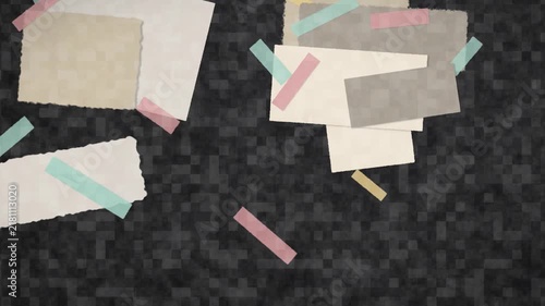 Vintage scrapbook paper collage loop animation with colorful washi tape on textured dark card background