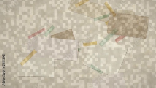 Vintage stop motion paper collage animation with moving scraps and colorful washi tape pieces on cream textured