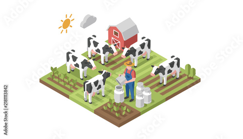 Isometric dairy farm scene with a farmer pouring milk into cans surrounded by spotted cows in a green pasture with a red barn in the background.