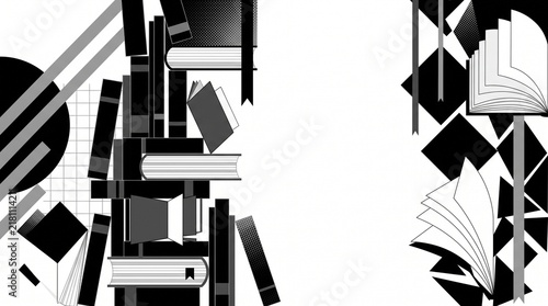 Abstract composition with black and white book illustrations for educational design themes.