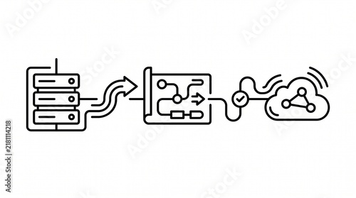 Cloud Migration Planning Workflow Line Illustration. Enterprise Data and System Migration Strategy Process Outline Vector Isolated on White Background