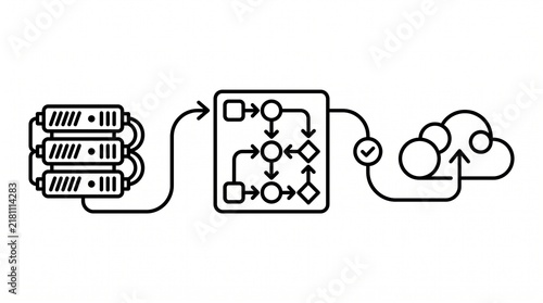 Cloud Migration Planning Workflow Line Illustration. Enterprise Data and System Migration Strategy Process Outline Vector Isolated on White Background