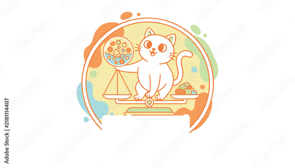 Fototapeta premium Cute cartoon cat sitting on a balance scale weighing healthy fruits and vegetables representing diet and nutrition balance.