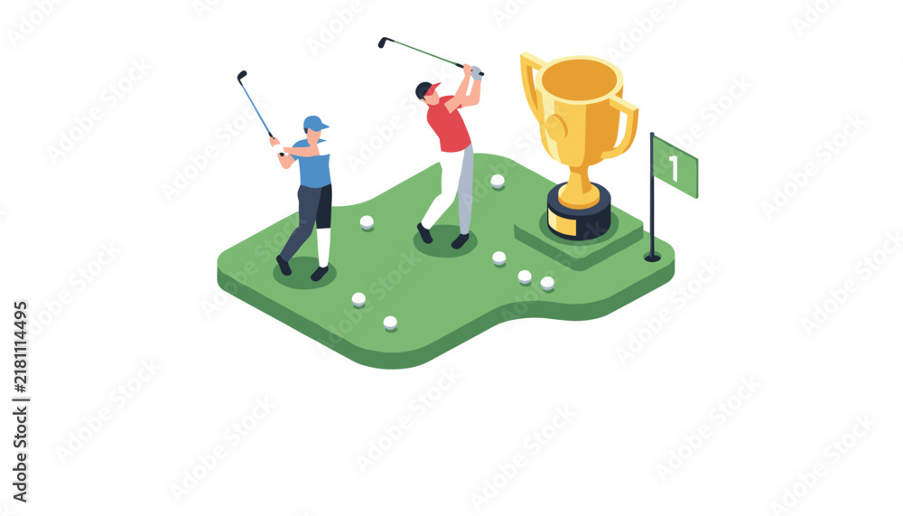 Obraz premium Professional golf players practicing their swing on a green next to a large gold trophy representing sports excellence.