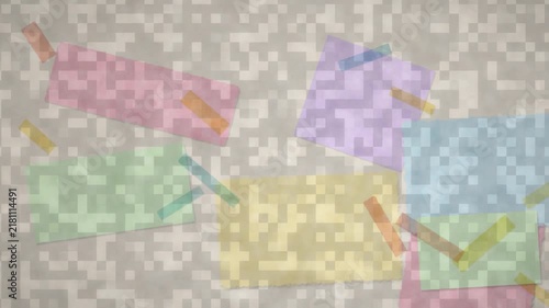 Playful stop motion animation of colorful pastel paper note scraps taped on a pixelated textured background