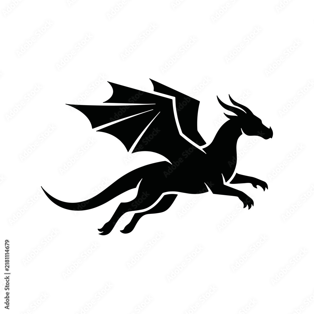 Fototapeta premium A majestic black dragon silhouette in a dynamic pose with wings and horns - ideal for fantasy branding, gaming logos, mythical creature illustrations, and powerful design elements
