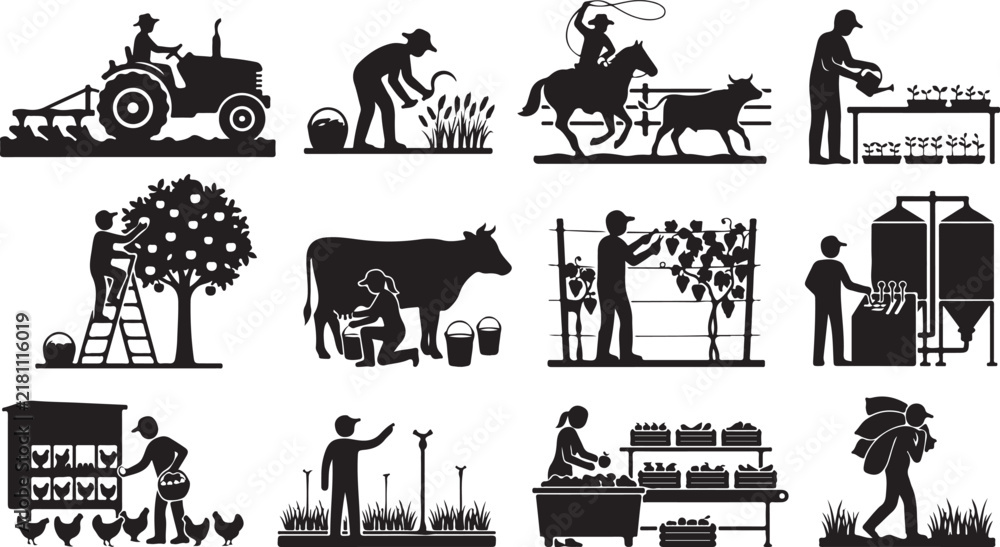 Fototapeta premium Set of black silhouettes representing agricultural work, farming tasks, livestock management, harvesting, and food production processes