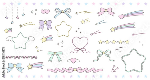ドリーミーなかわいい飾りフレームのベクターイラストセット。星、リボン、ゆめかわ