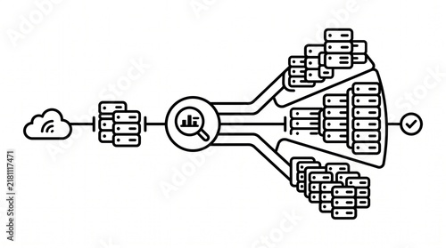 Cloud Infrastructure Scaling Workflow Line Illustration. Enterprise Resource Expansion and Cloud System Capacity Management Process Outline Vector Isolated on White Background