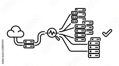 Cloud Infrastructure Scaling Workflow Line Illustration. Enterprise Resource Expansion and Cloud System Capacity Management Process Outline Vector Isolated on White Background
