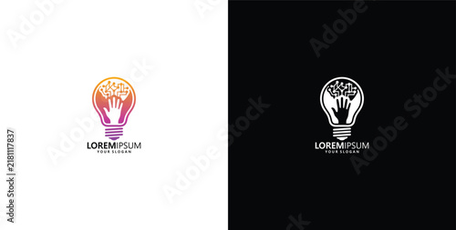 Creative Light Bulb Idea Logo Design with Hand and Gear for Innovation and Technology Concept