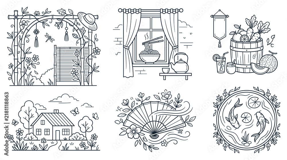 Naklejka premium Asiatic theme outline icons set for cultural storytelling design.