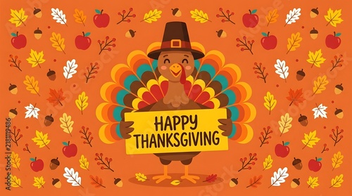 Happy Thanksgiving vector illustration with cartoon turkey holding sign board on autumn leaves pattern orange background