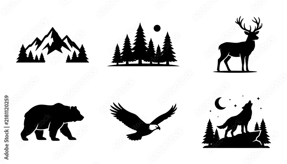 Fototapeta premium Nature Icons Set: Mountains, Forest, Deer, Bear, Eagle, Wolf, Wildlife Graphics