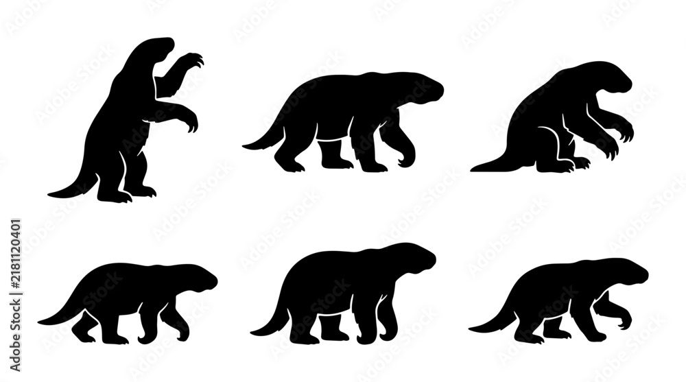 Obraz premium Prehistoric Animal Silhouettes, Dinosaur Poses Vector Set, Ancient Reptile Graphics