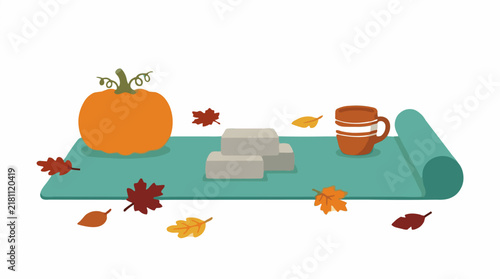 Foto Flat design illustration of a yoga mat with a pumpkin, blocks, and a mug, surrou