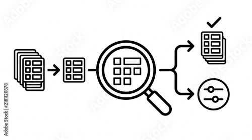 Data Quality Monitoring Workflow Line Illustration. Enterprise Data Validation and Information Accuracy Control Process Outline Vector Isolated on White Background