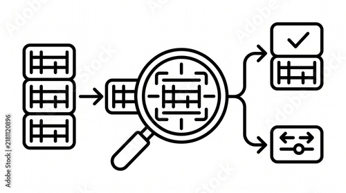 Data Quality Monitoring Workflow Line Illustration. Enterprise Data Validation and Information Accuracy Control Process Outline Vector Isolated on White Background