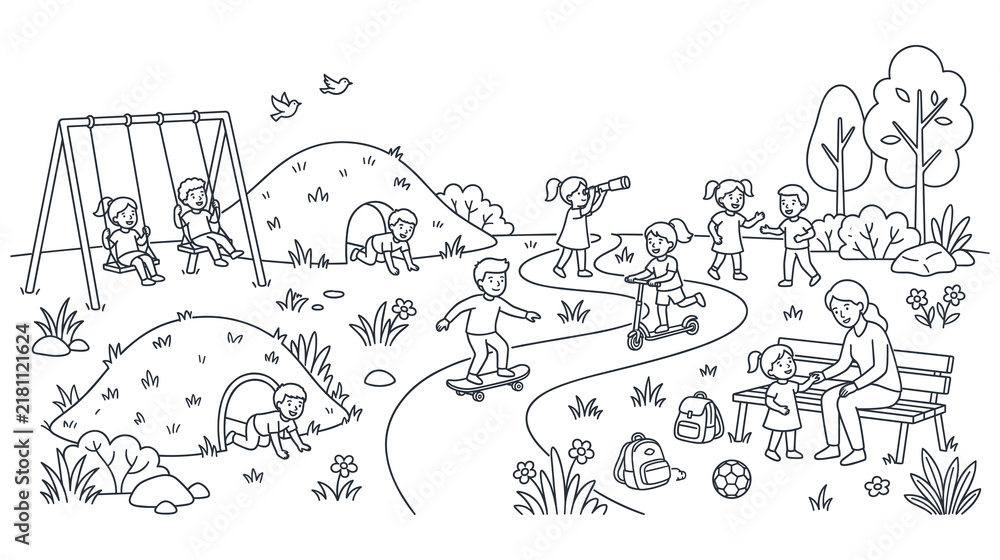 Fototapeta premium Happy children play at outdoor park playground coloring page.