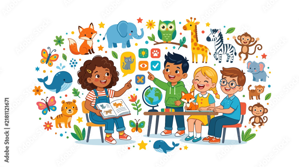 Fototapeta premium Children Learning Animals
