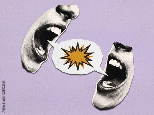 Contemporary Art Collage of Two Shouting Mouths with Explosion in Speech Bubble