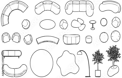 Modern Lounge Seating CAD Blocks Top View Minimal Line Art Furniture Collection