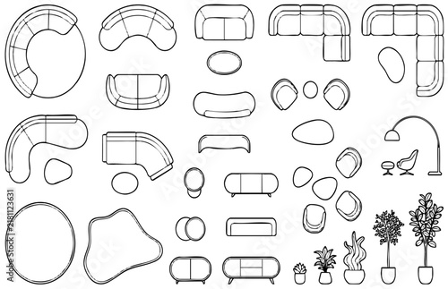 Modern Lounge Furniture CAD Blocks Top View Minimal Line Art Collection