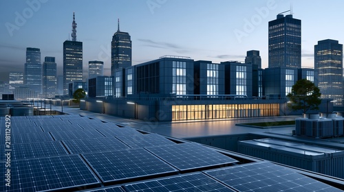 large modern data center surrounded by renewable energy infrastructure, solar panels and power systems across the foreground, elegant upward growth visualization, evening cityscape, realistic