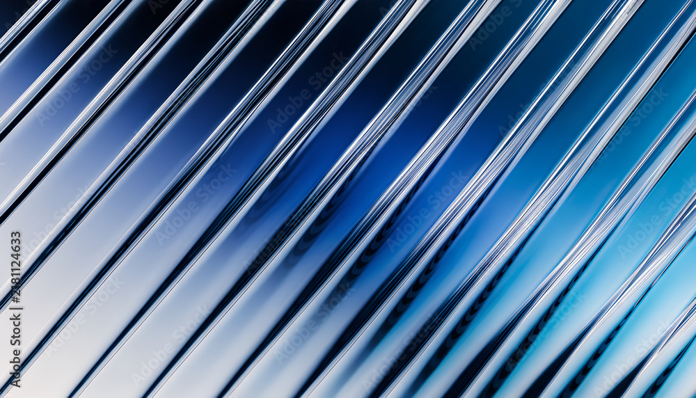 Fototapeta premium Close-up image showcasing shiny, parallel metallic rods with reflective surfaces and a blue gradient background.