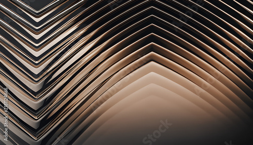 Close-up abstract image of stacked metal sheets forming repetitive, sharp-edged, and layered chevron patterns with a gradient light effect.