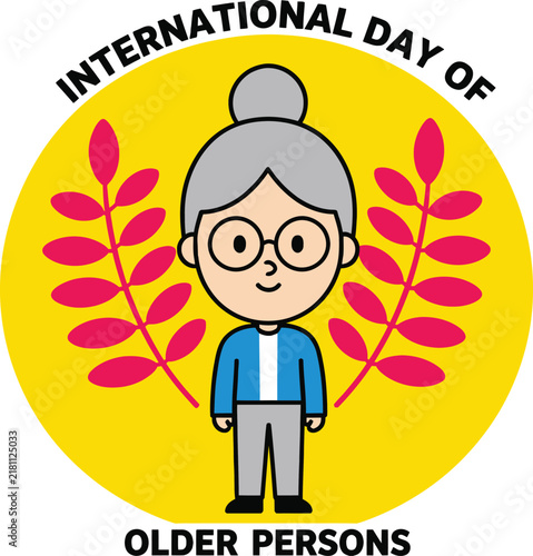 International Day of Older Persons Vector Illustration featuring a Cute Elderly Woman with Glasses and Grey Hair on a Yellow Circular Background with Decorative Red Leaves for Awareness.