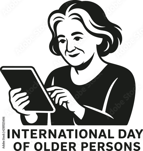 International Day of Older Persons Graphic: Senior Woman Using Digital Tablet. Vector for Technology Adoption, Aging Population, Awareness, and Digital Inclusion Social Media Posts.