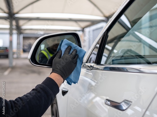 Professional Car Detailing Service Cleaning Side Mirror with Blue Microfiber Cloth